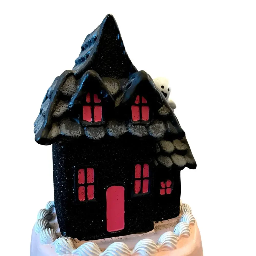 Viral Pink & Black Halloween Haunted House Faux Cake 22in Glitter Ghosts NEW